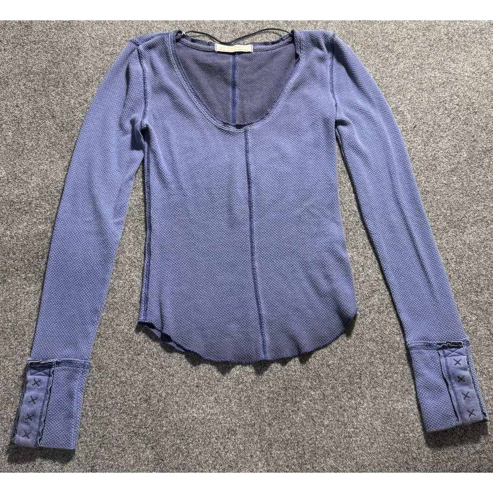 Free People Purple Motor Moto Button Cuff Thermal Top XS Waffle Shirt Pullover